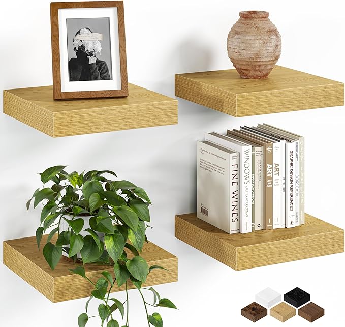 Fun Memories Floating Shelves for Wall, 8 Inch Set of 4 Rustic Wood Wall Shelves