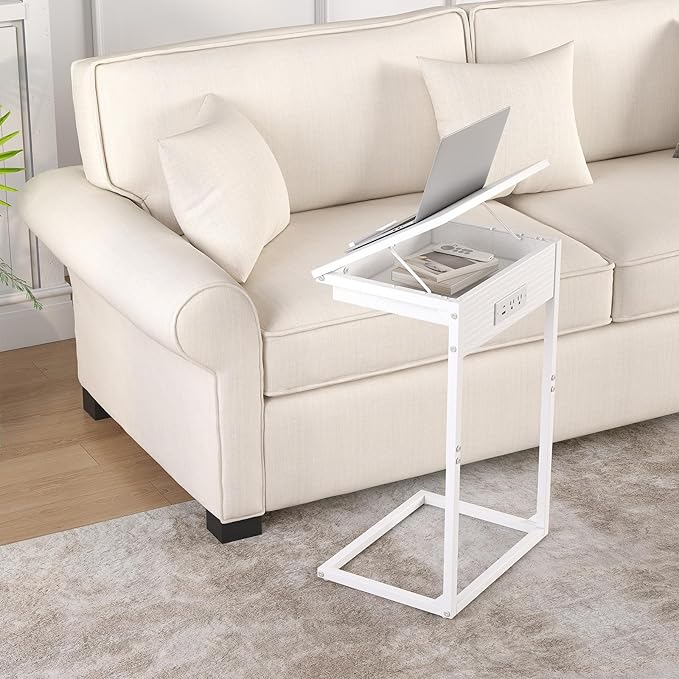 sthmec C Shaped End Table with Charging Station, 45° Tiltable Adjustable Flip