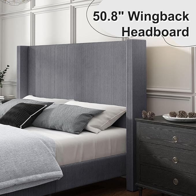 HOWE King Size Bed Frame with 50.8" Tall Wingback Headboard, Modern Corduroy