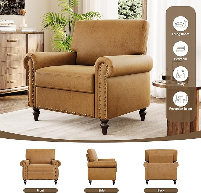 Nailhead Trim Accent Chairs Set of 2, Faux Leahter Mid Century Modern Living