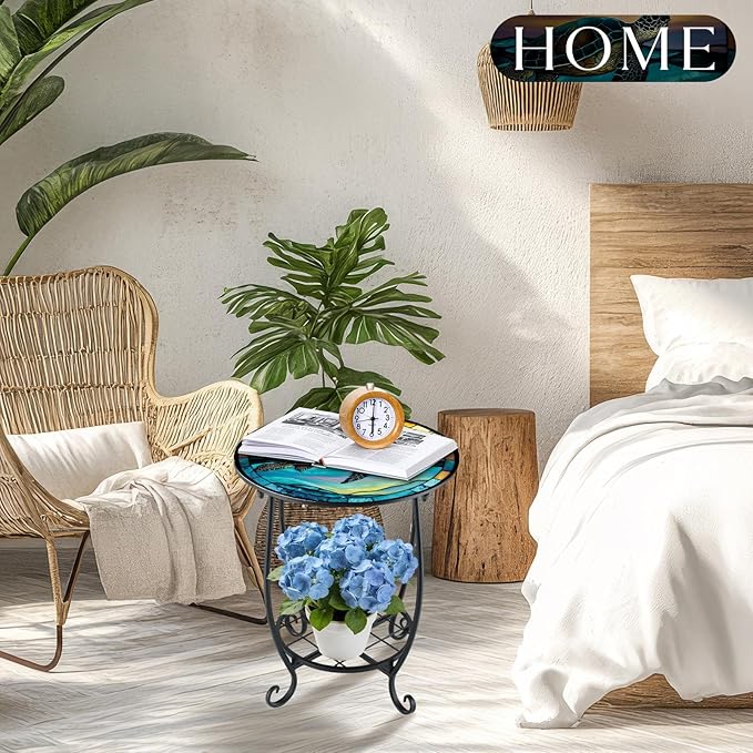 Cinnvoice Outdoor Side Table Round Small Mosaic Patio Accent Indoor End Plant