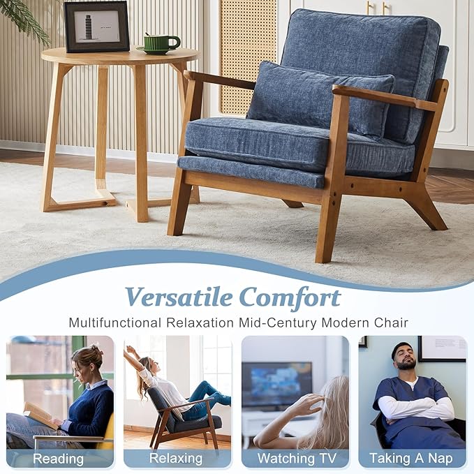 VINGLI Solid Wood Wide Armrests Accent Chair Set of 2, Upholstered Mid Century