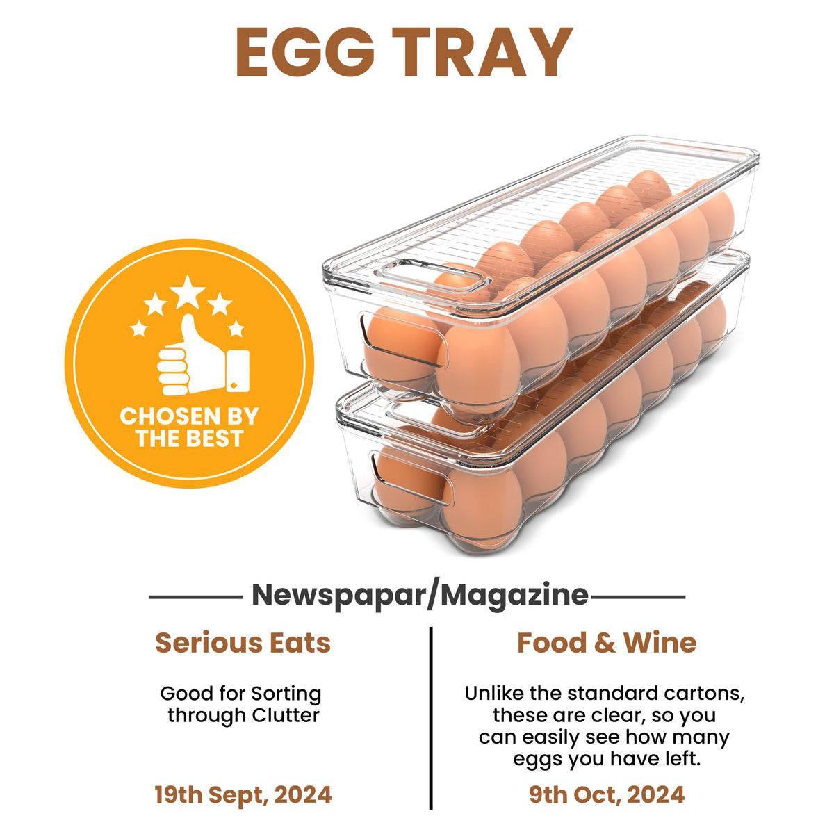 Utopia Home Egg Container With Lid and Handle for Refrigerator Organization- Pack of 2 - Clear Stackable Egg Holder for Kitchen or Pantry Organizers and Storage