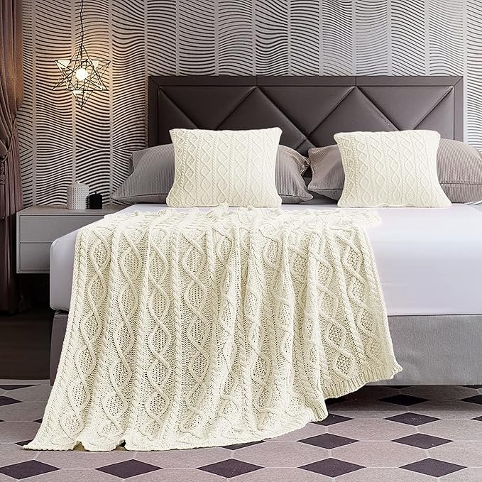 Homiest Cable Knit Throw Blanket & Pillow Set, Cream White Set of 3, Knitted