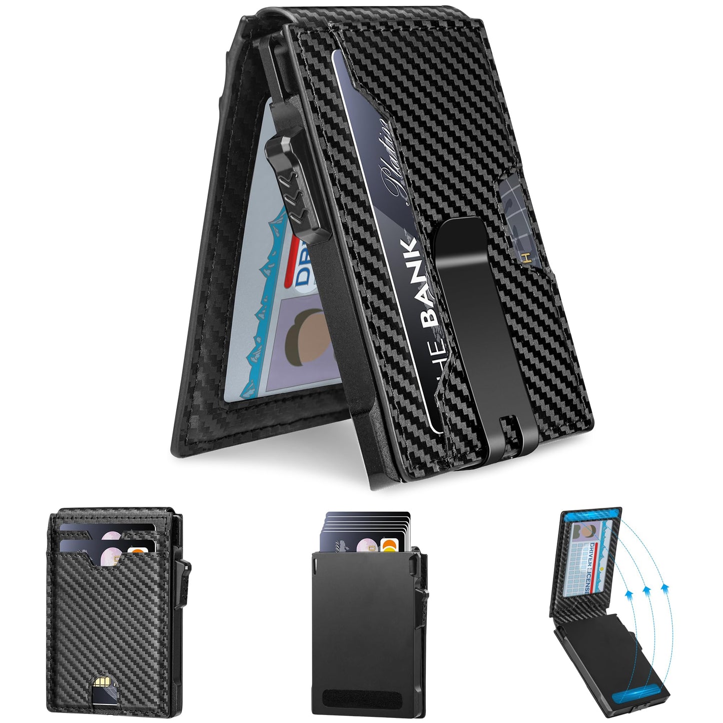 Vandz Minimalist Wallet for Men,Slim RFID Blocking Bifold Wallet Credit Card Holder Aluminum Pop-Up Card Case with Money Clip (Carbon Fiber Black)