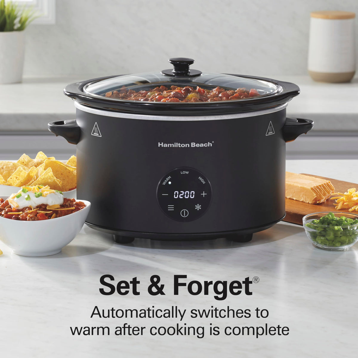 Hamilton Beach 6 Quart Set & Forget Programmable Slow Cooker with Defrost Function, Flexible Programming, Adjustable Countdown Timer, Large Dishwasher Safe Stoneware Crock and Glass Lid, Black (33765)