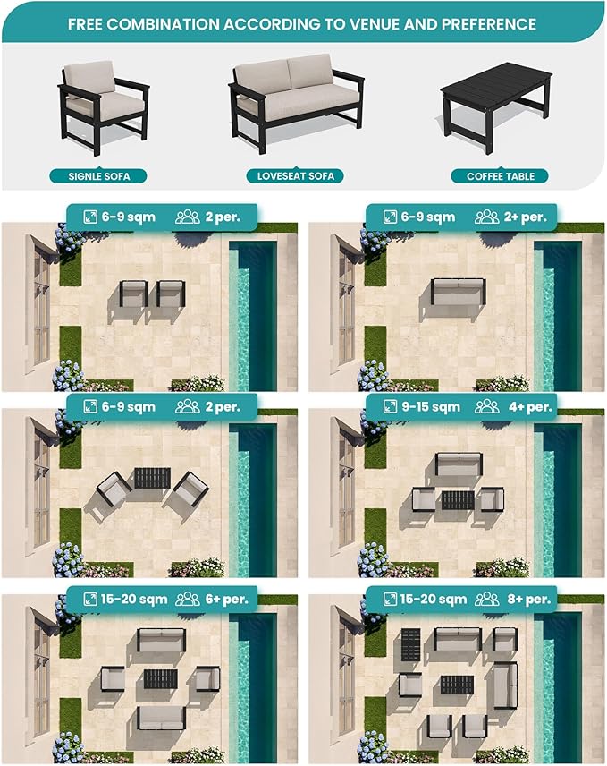 SERWALL 8 Pieces HDPE Outdoor Conversation Sofa Set