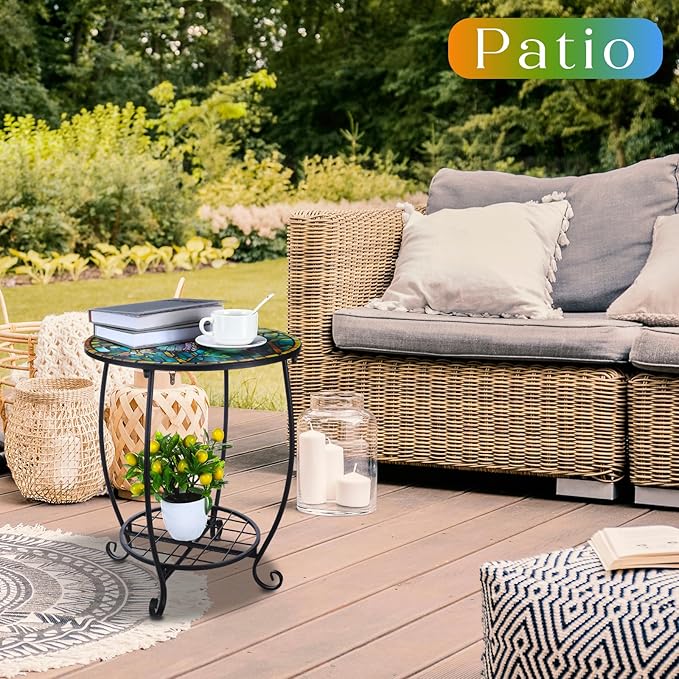 Cinnvoice Outdoor Side Table Round Small Mosaic Patio Accent Indoor End Plant