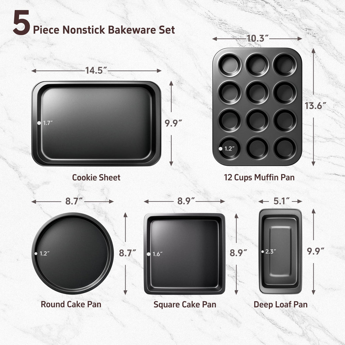 CasaCulina Baking Pans Set, 5-Piece Nonstick Bakeware Sets with Round/Square Cake Pan, Muffin Loaf Roast Pan, Baking Sheets for Oven, Kitchen Cookware Sets Baking Tray Baking Supplies, Black