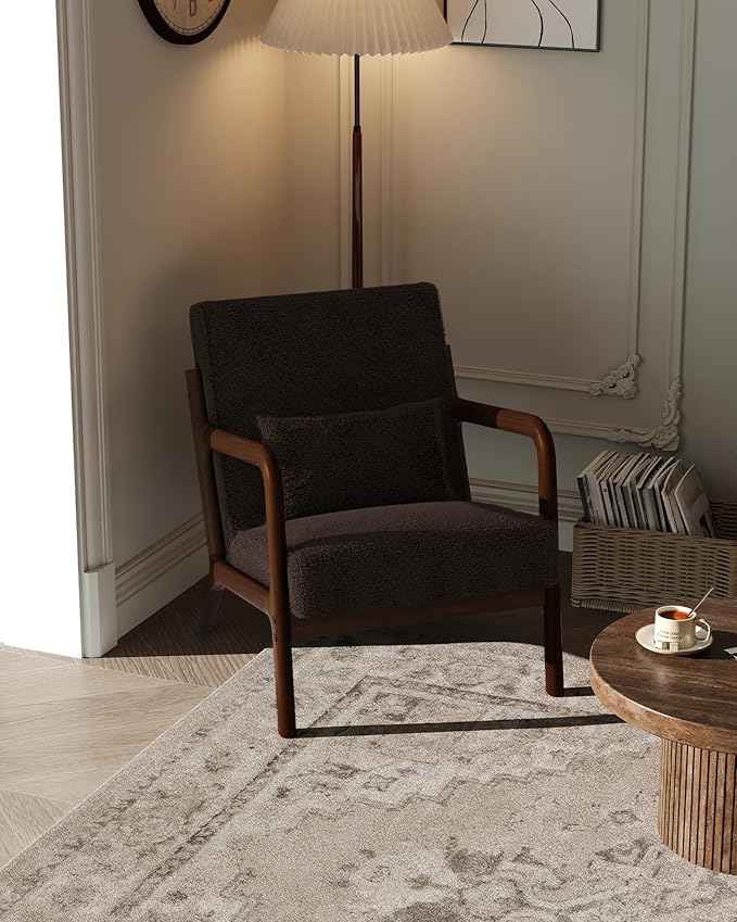 Garvee Mid-Century Modern Accent Chair, Sherpa Upholstery, Solid Wood Armchair