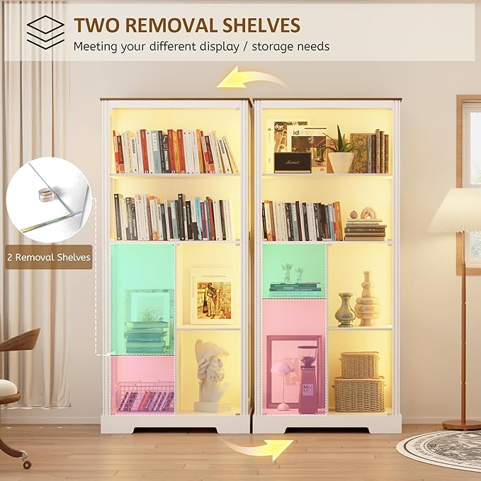 71” Display Cabinet with Glass Doors, Modern Curio Cabinet with 3 Color Lights
