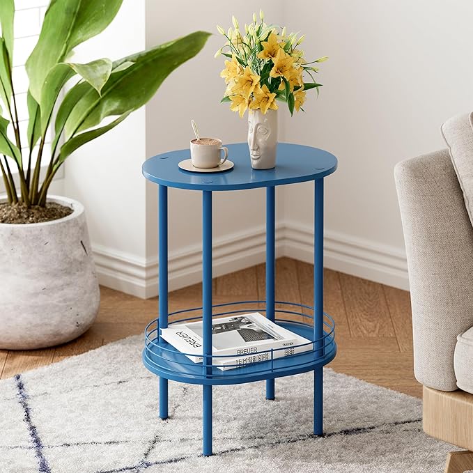 DGSANDGO Blue Oval Side Table, Side Tables Living Room, 2-Tier Nightstand
