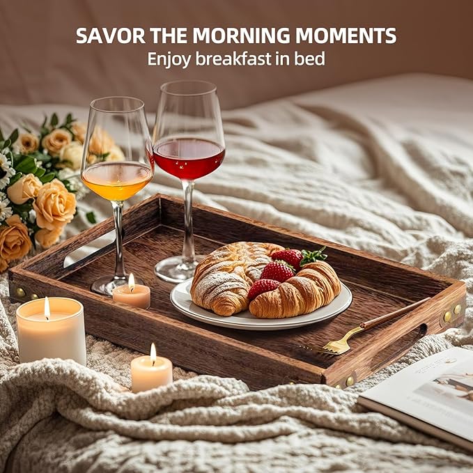 Serving Tray with Handles, 15.8"x 11" Wood Decorative Tray