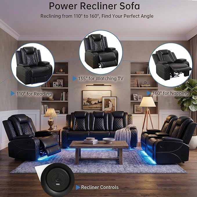 3-Piece Leather Power Recliner Sofa Set
