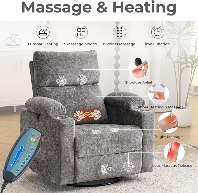 Rocking Chair Nursery with Adjustable Armrests, Electric Glider Recliner