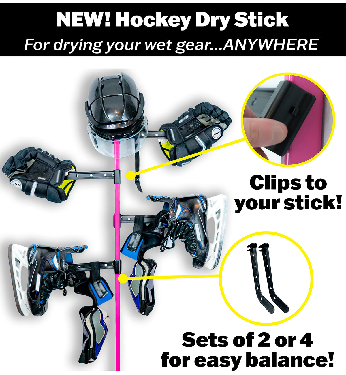 Wraparound Hockey Dry Stick – Portable Hockey Drying Rack for Gloves & Sports Gear – Attaches to Hockey Stick – Hockey Equipment Drying Rack (4-Pack)