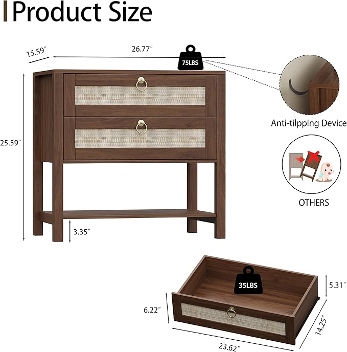 Xixini Nightstand Set of 2, Rattan Boho Bedside Table