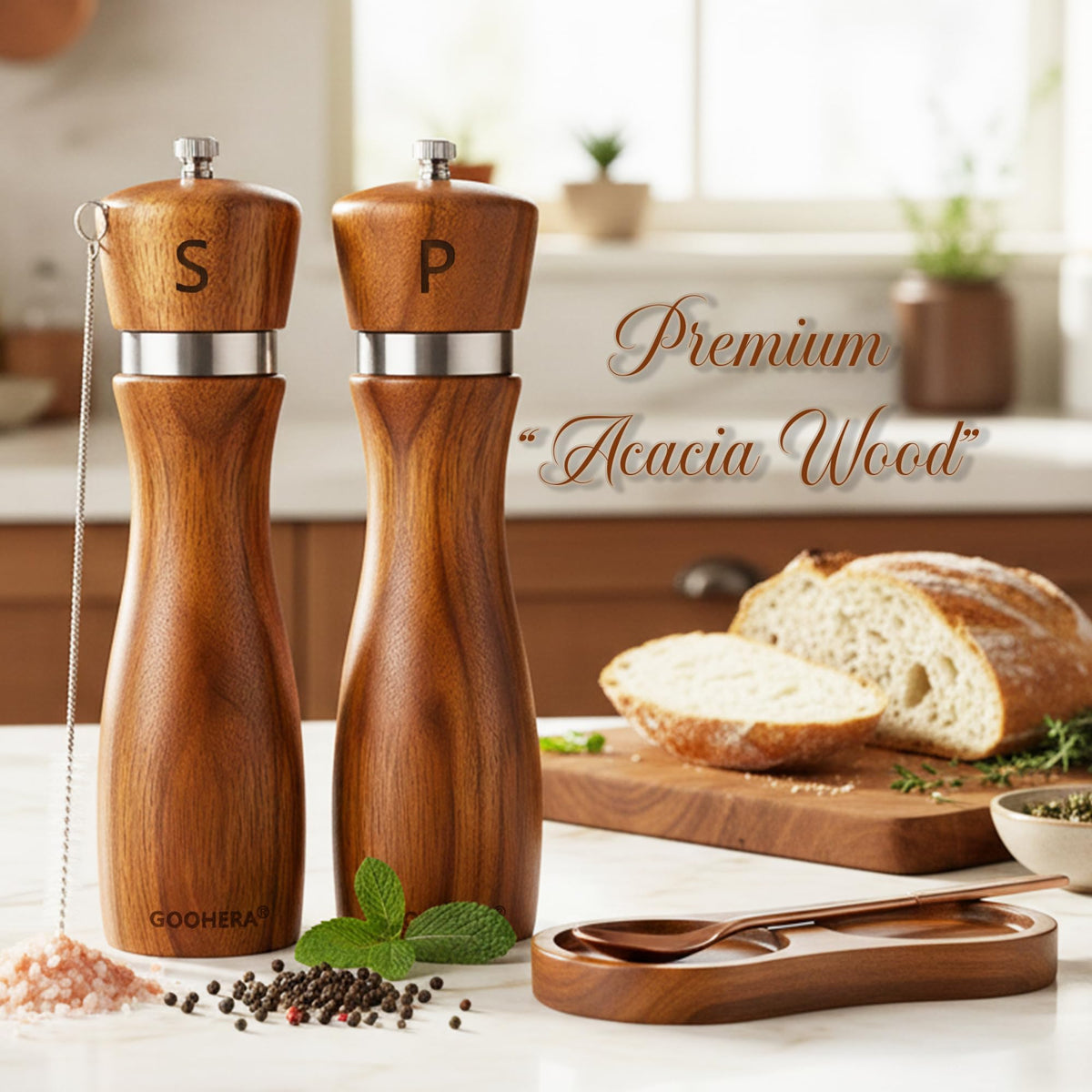 Premium Acacia Wood Salt & Pepper Grinder Set, 8-Inch Manual Mills with Adjustable Coarseness, Ceramic Core, Matching Tray, Spoon & Cleaning Brush – 2 Pack