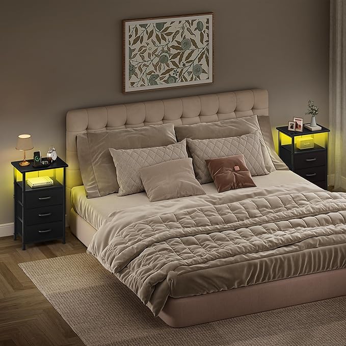 Vagusicc Night Stand with Charging Station, LED Nightstand