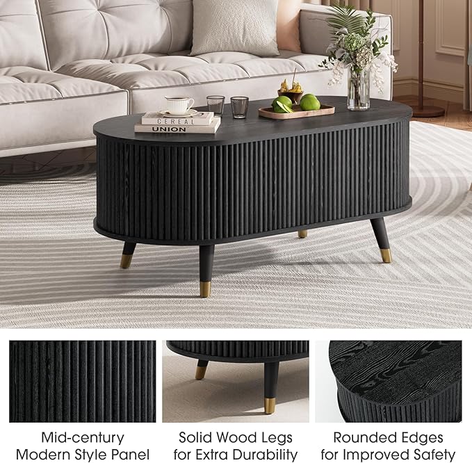 SULIVES Oval Coffee Table with Storage, Small Fluted Center Table