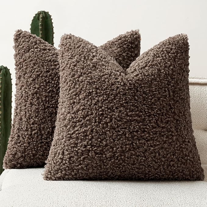 Faux Fur Throw Pillow Covers 20x20 Inch Set of 2 Boucle Neutral Decorative