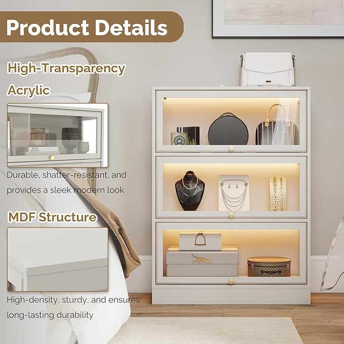 Display Cabinet with Acrylic Glass Doors, 3-Tiers Curio Cabinet with LED