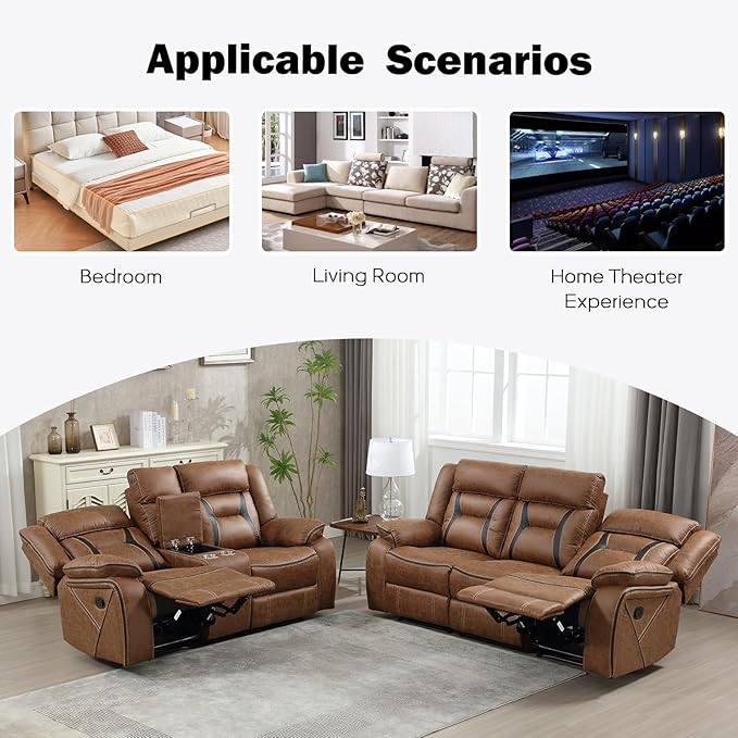 EBELLO Manual Recliner Sofa Set, Faux Leather Reclining Living Room Furniture