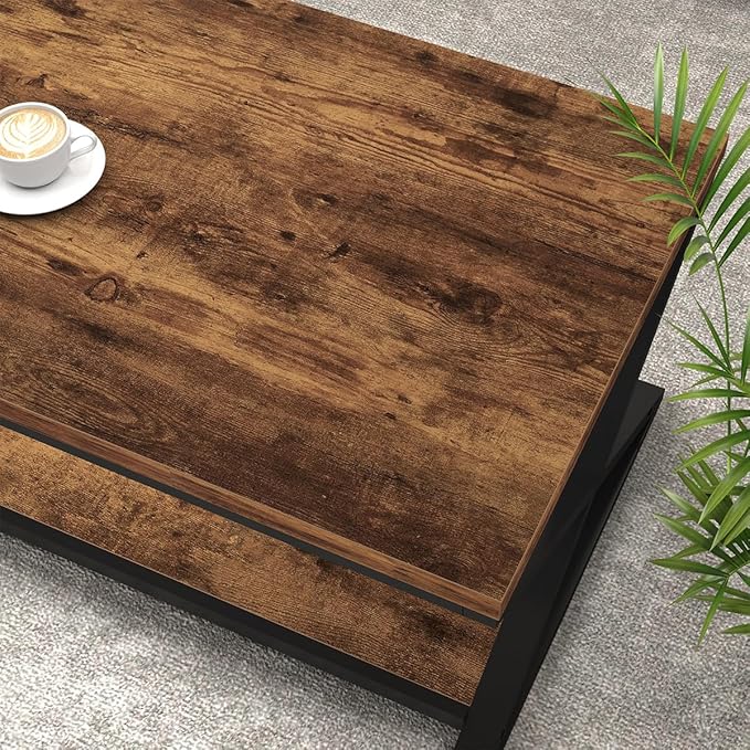 HSH Rustic Coffee Table with Storage Shelf, Industrial Metal Wood Living Room
