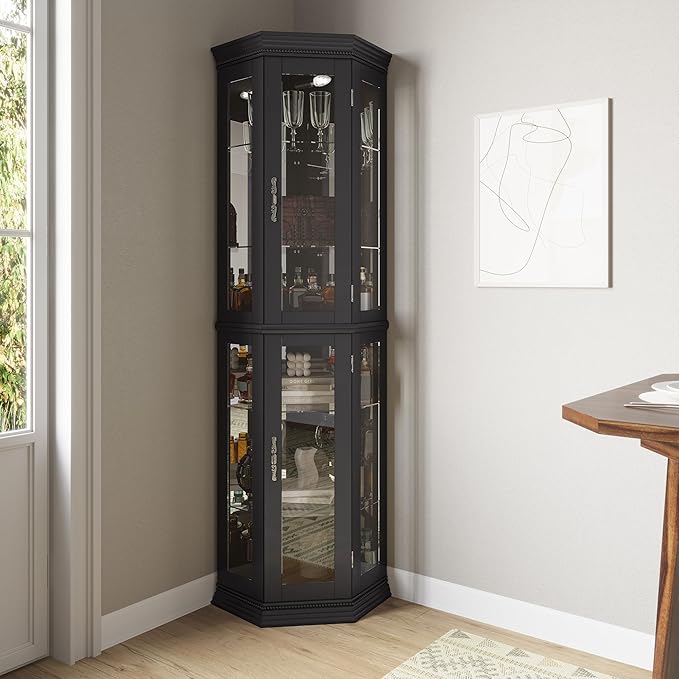 BELLEZE Lighted 3-Side Glass Display Curio Cabinet w/Tempered Glass Doors &