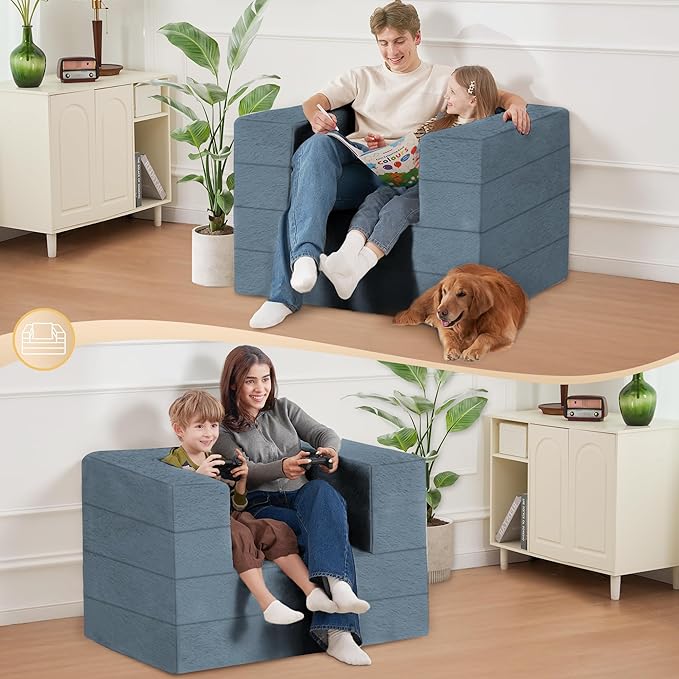 Folding Bean Bag Chair for Adults, 3-in-1 Bean Bag Couch Faux Fur Floor Sofa