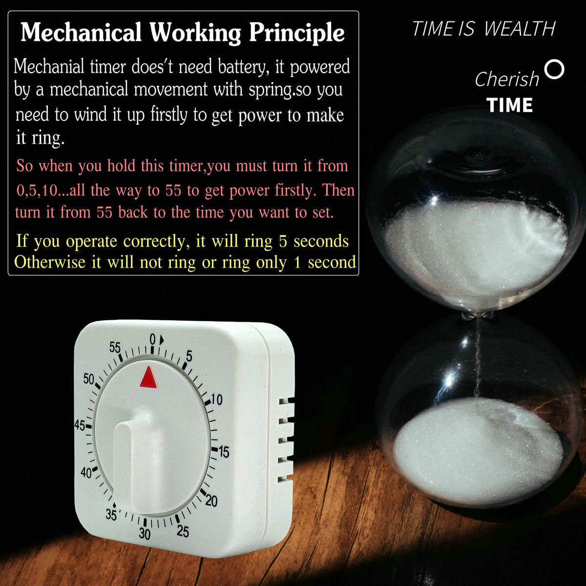 Square 60 Minute Mechanical Kitchen Timer - Visual Kitchen Cooking Timer Clock with Loud Alarm - No Batteries Required-Manual Countdown Timer for Classroom, Home, Study and Cooking (White)