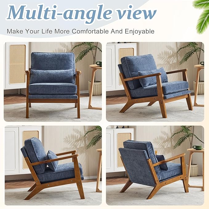 VINGLI Solid Wood Wide Armrests Accent Chair Set of 2, Upholstered Mid Century