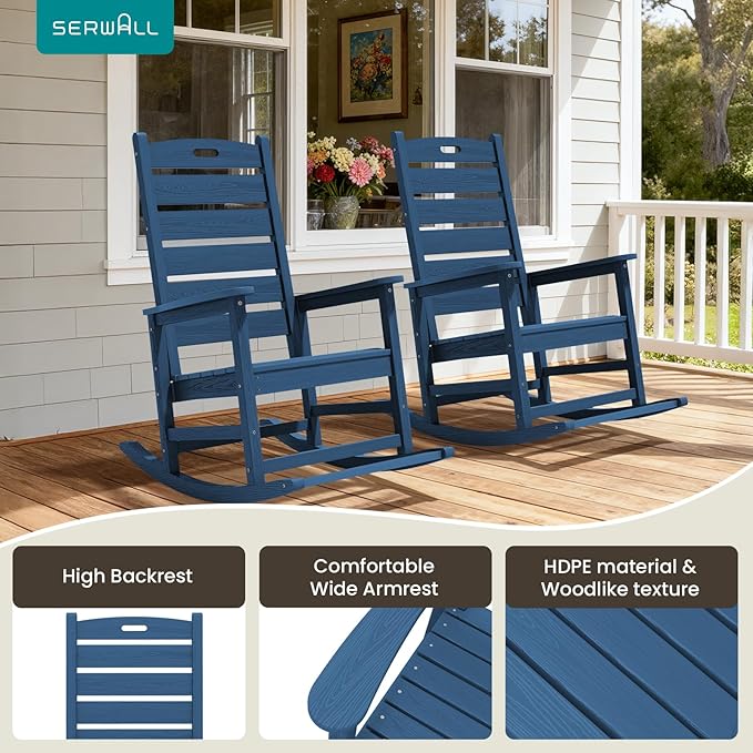 SERWALL Outdoor Rocking Chair Set of 4, Oversized HDPE Patio Rocking Chair