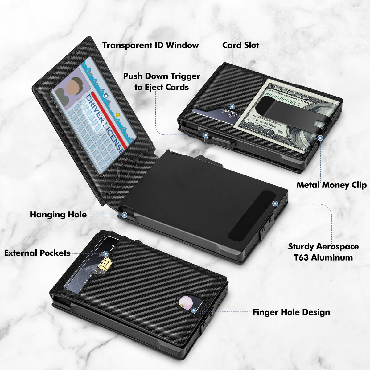 Vandz Minimalist Wallet for Men,Slim RFID Blocking Bifold Wallet Credit Card Holder Aluminum Pop-Up Card Case with Money Clip (Carbon Fiber Black)