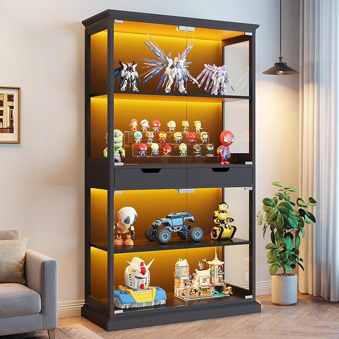 Jocoevol Display Cabinet with 4 Glass Doors, 4-Tier Modern Glass Display Case