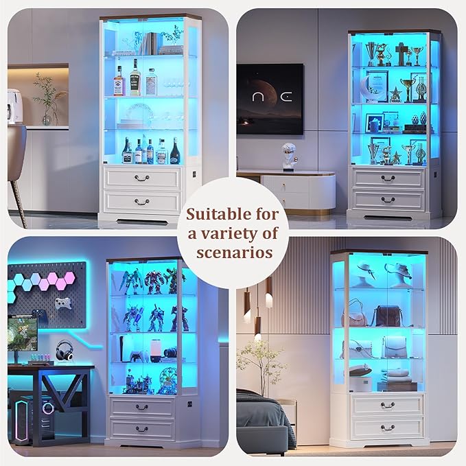 FREDEES Display Cabinet with Glass Doors, Tall Bookcase with 3 Color Lights and