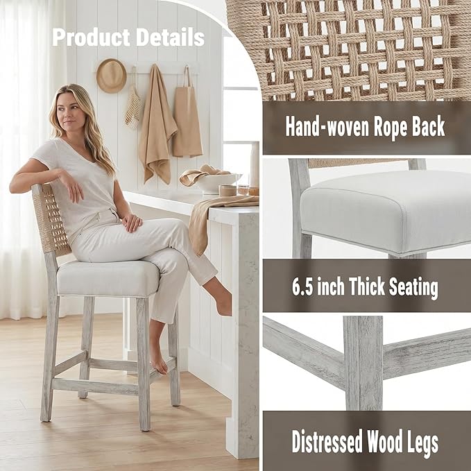27" White Bar Stools for Kitchen Counter, Mid Century Linen Fabric Counter