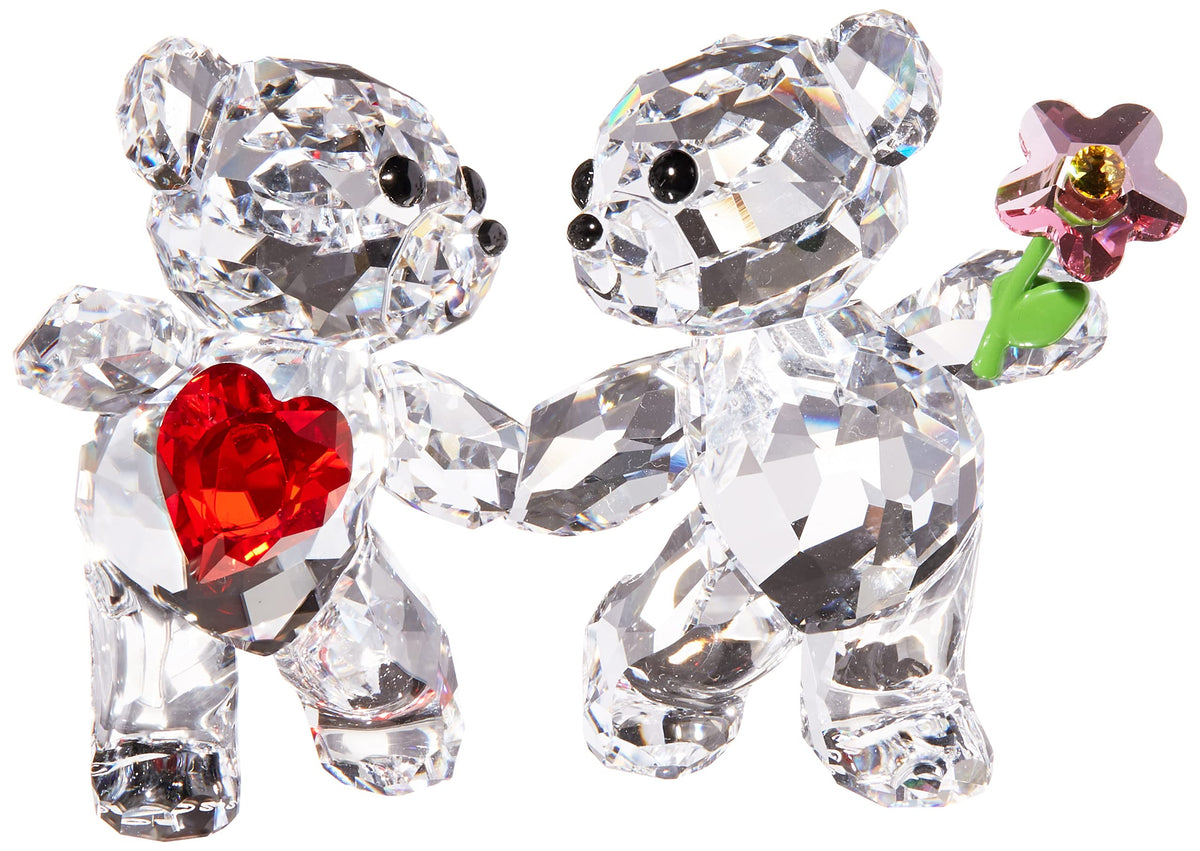 SWAROVSKI Kris Bears Happy Together Figurine Set, Clear Swarovski Crystal with a Red Heart and Pink Flower Accent, Part of the Swarovski Kris Bears Collection