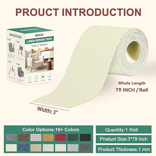 BESEZX Linen Fabric Repair Tape, 3x79 Inch Self Adhesive Repair Patches