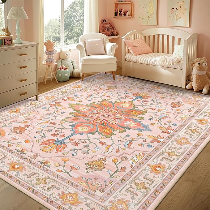 RELEANY Area Rugs 6'x9' Washable Non-Slip, Floral Vintage Distress Print