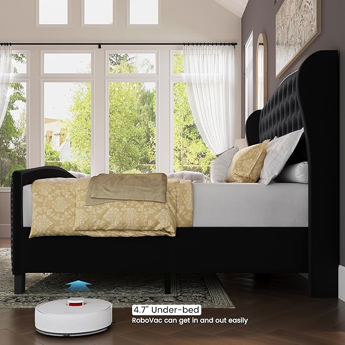 BRELTAM Upholstered Queen Size Bed Frame Velvet Black Tufted Platform Bed Frame