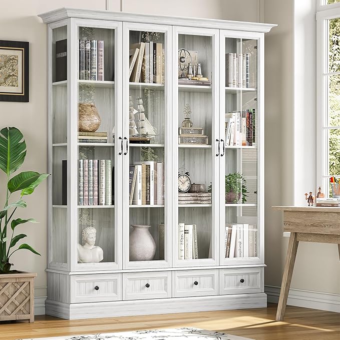 78" Large Storage Cabinet with Glass Doors, China Hutch, Farmhouse Kitchen