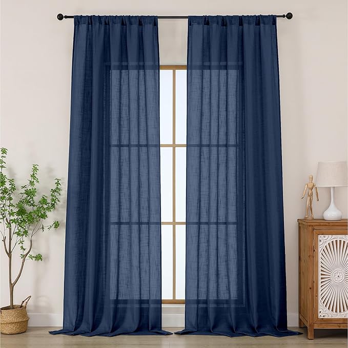 Chyhomenyc Extra Long Navy Blue Semi Sheer Curtains 120 Inches Long 2 Panels Set