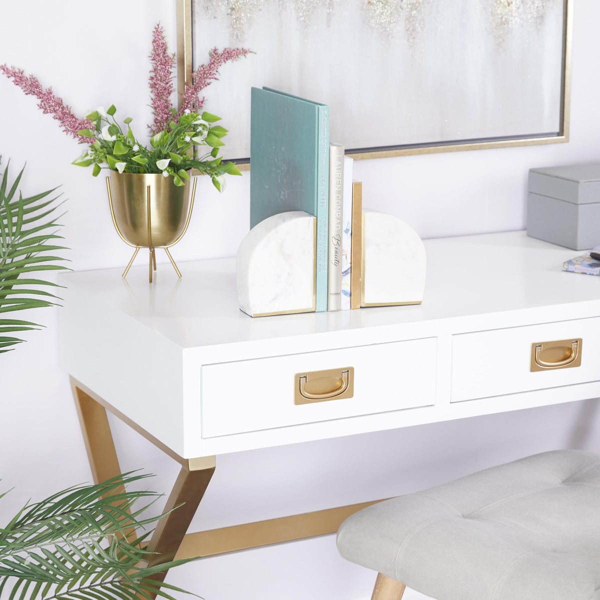 CosmoLiving by Cosmopolitan Marble Geometric Bookends with Gold Inlay, Set of 2 4"W, 6"H, White