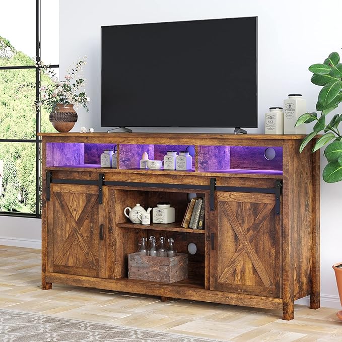 Farmhouse TV Stand for 65 inch TVs, Rustic Entertainment Center Cabinet