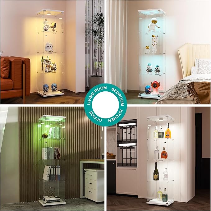 FANYUSHOW Display Cabinet with Glass Door and LED Light, 4-Tier Tempered Glass
