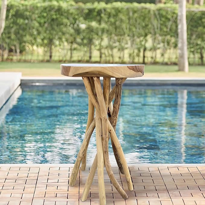 Greenage Teak Branch Coffee Table 15.7"x15.7"x27.6" Wooden Live Edge Side Table