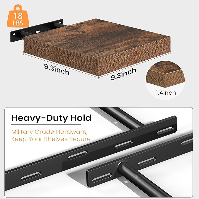 Fun Memories Floating Shelves for Wall, 9.3 Inch Set of 4 Rustic Wood Wall