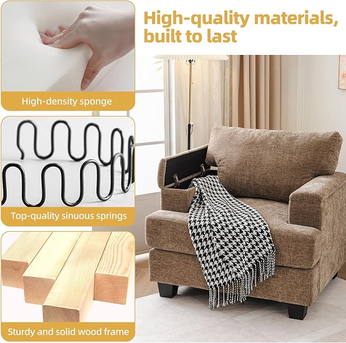 Oversized Accent Chair with Armrest Organizer, Living Room Chairs with 7.8''
