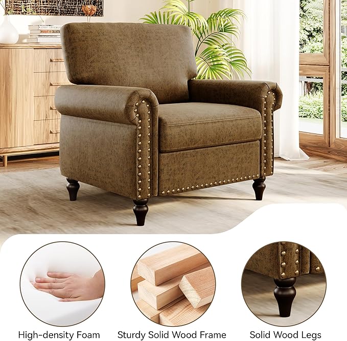 Nailhead Trim Accent Chair, Faux Leahter Mid Century Modern Living Room Arm